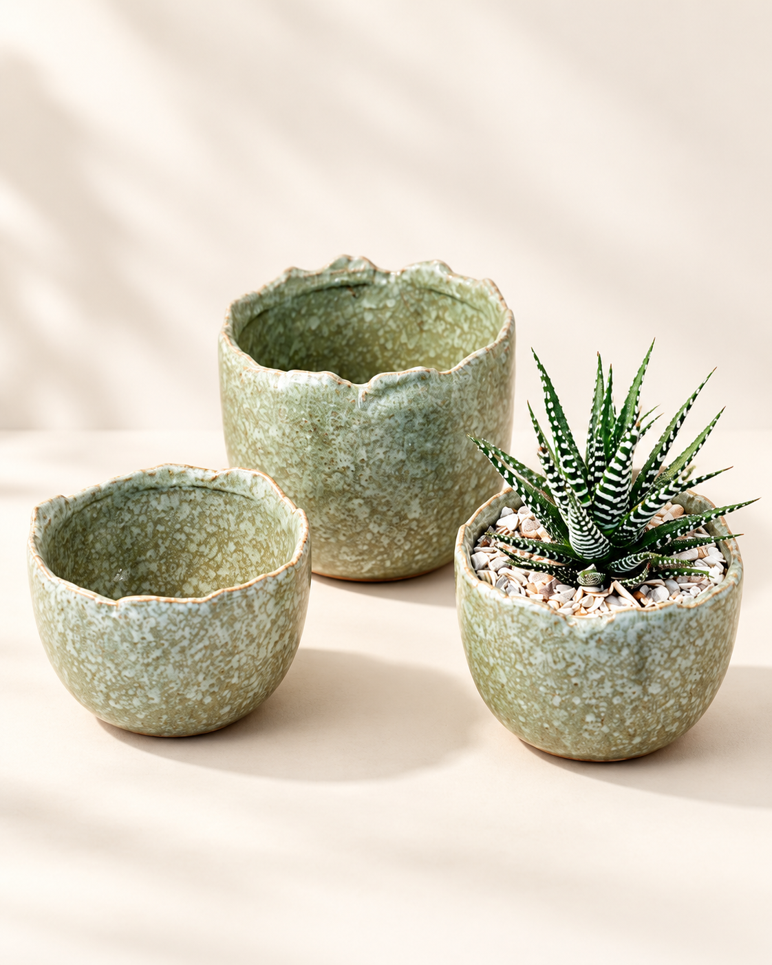A characterful sage-green ceramic plant pot with a beautifully speckled glaze and organic uneven rim, perfect for succulents, small houseplants and seasonal bulbs.